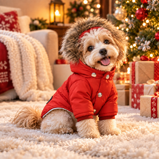 Small white dog wearing the red JollyPaws Cozy Winter Dog Coat with faux-fur hood in front of a Christmas tree