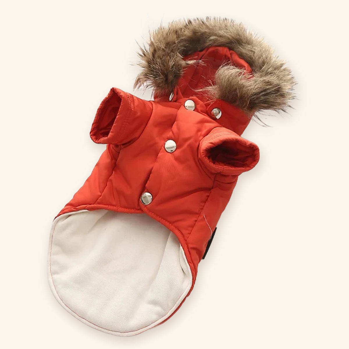 JollyPaws Cozy Winter Dog Coat with faux-fur hood, available in red, navy and beige